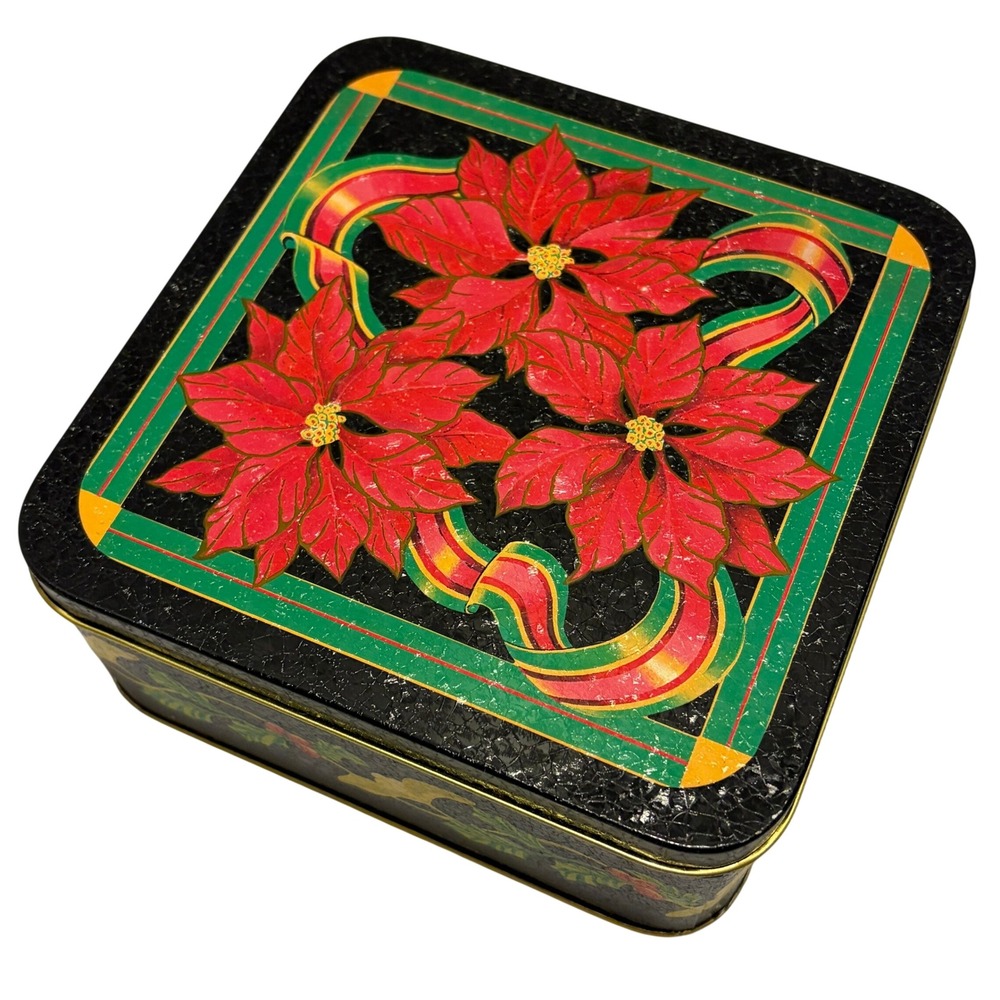 Hallmark Christmas Poinsettia Metal Storage Tin Black Red Floral Holiday Box